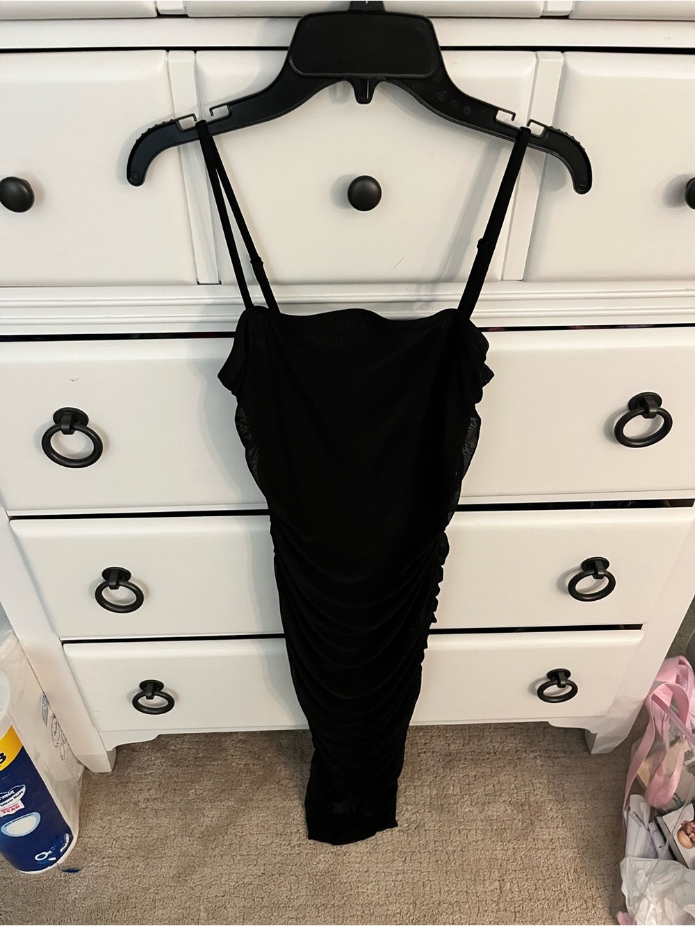 wild fable Black Ruched Midi Slip Dress with Spaghetti Straps